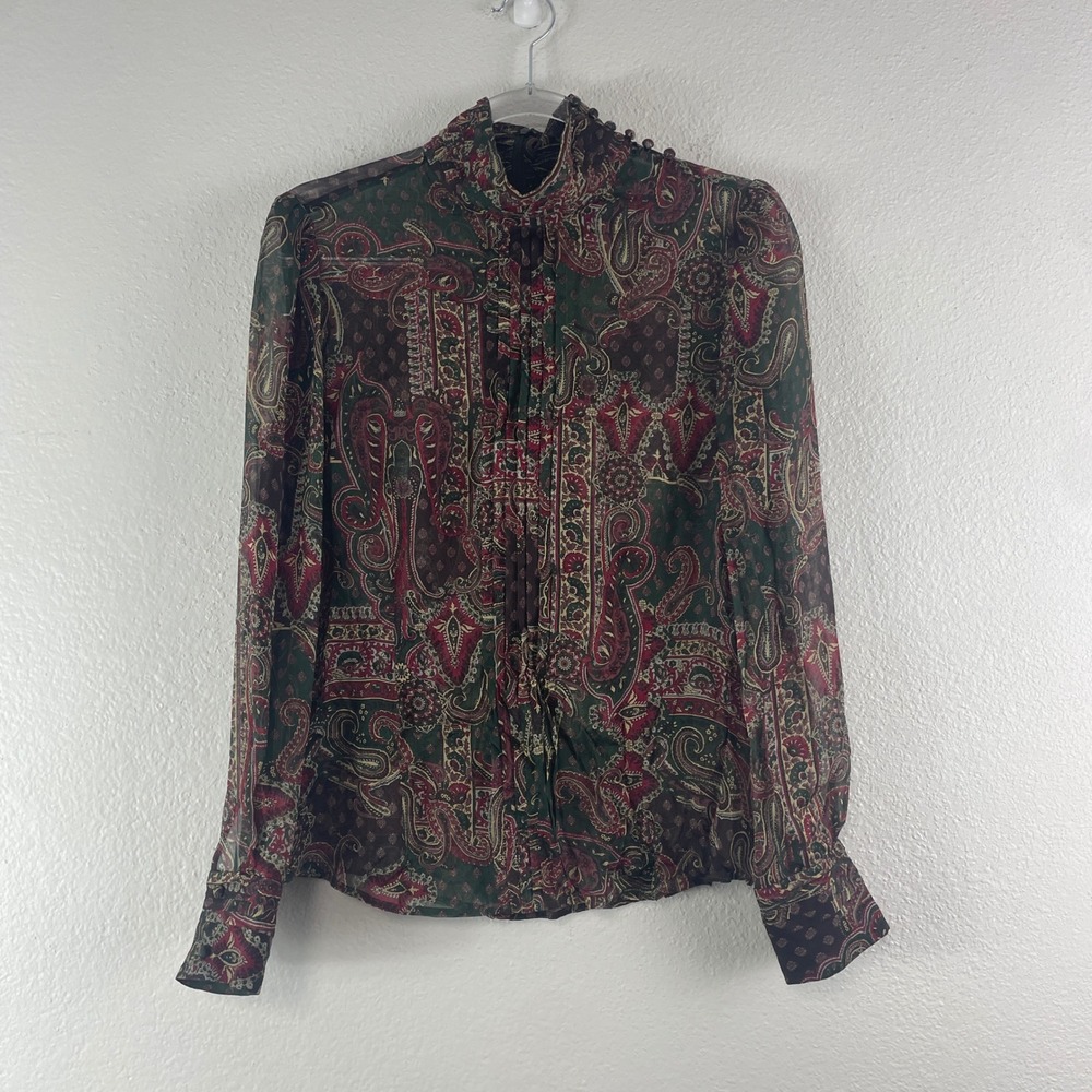 Brooks Brothers 100% Silk Paisley Ruffle Mock Neck Blouse 8 Boho Whimsigoth